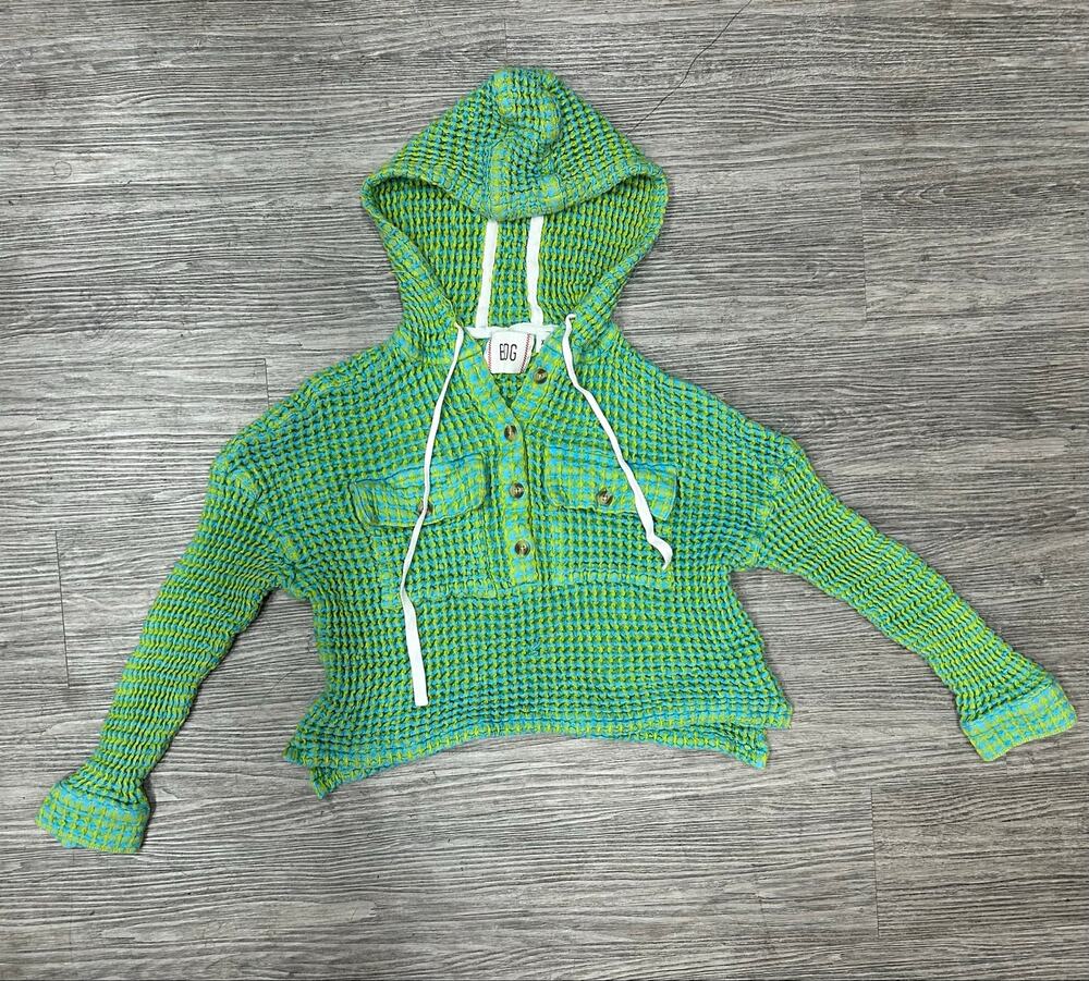 BDG Urban Outfitters Waffle Knit Cropped Hoodie Green Blue Pocket Button Size XS